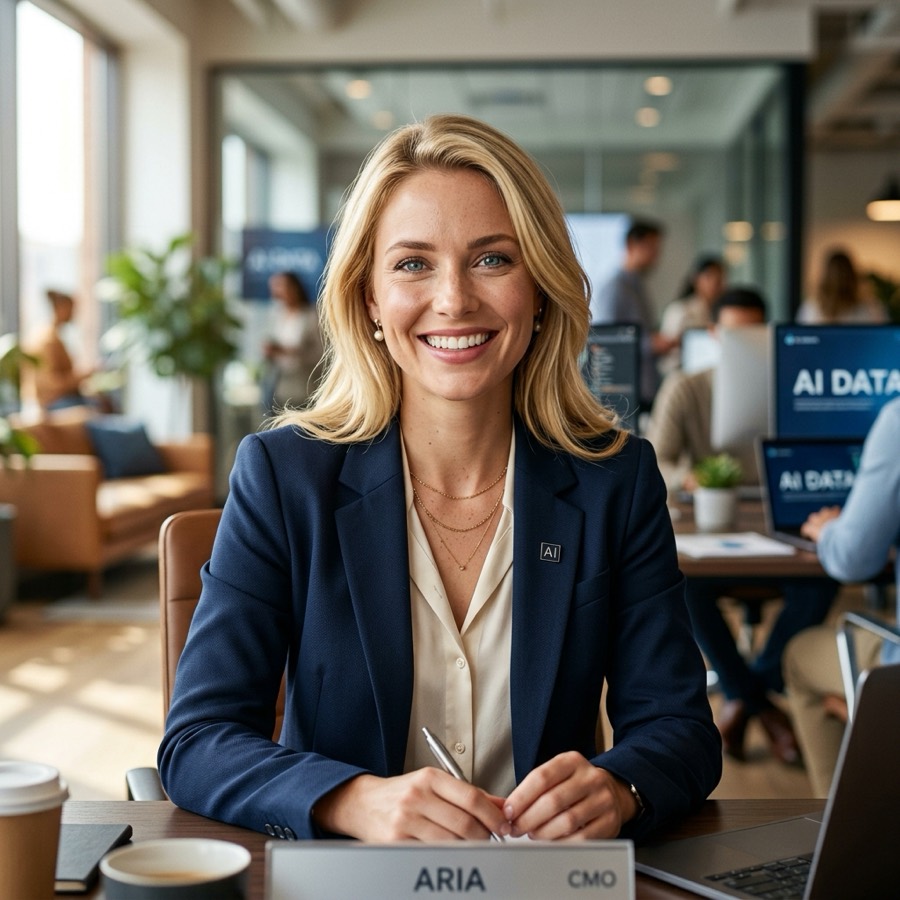 Aria, the AI CMO at MyInfluence AI, at her desk