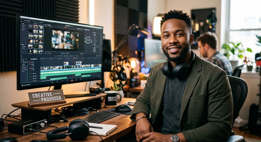 The Creative Agent, an AI content producer at MyInfluence AI, at an editing desk