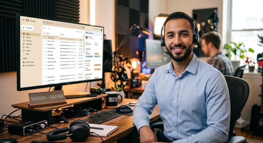 The Outreach Agent, an AI lead-gen specialist at MyInfluence AI, at an email and CRM workspace